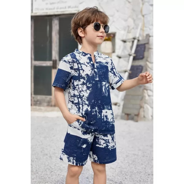 Arshiner Boy's 2 Pieces Cotton Linen Set Casual Henley Shirts Short Sleeve Beach Shorts Summer Outfits for 5-12 Years Kids