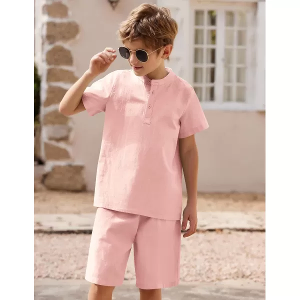 Arshiner Boy's 2 Pieces Cotton Linen Set Casual Henley Shirts Short Sleeve Beach Shorts Summer Outfits for 5-12 Years Kids