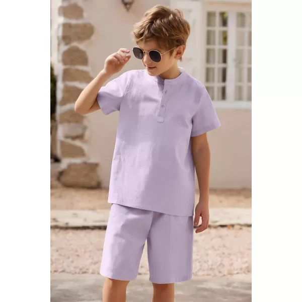 Arshiner Boy's 2 Pieces Cotton Linen Set Casual Henley Shirts Short Sleeve Beach Shorts Summer Outfits for 5-12 Years Kids