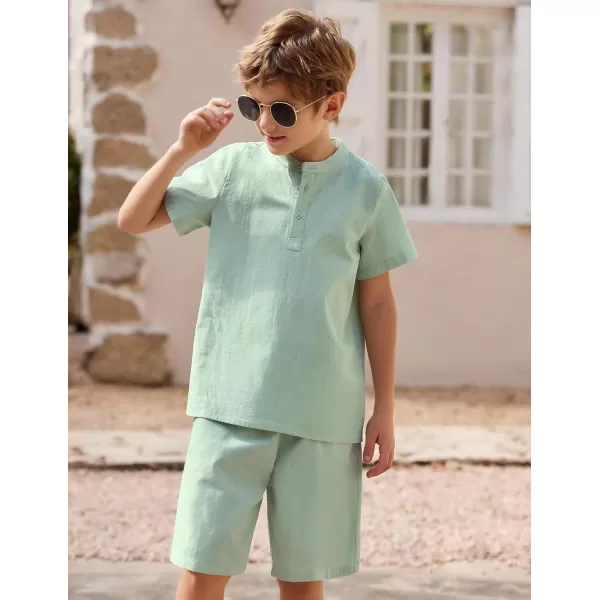 Arshiner Boy's 2 Pieces Cotton Linen Set Casual Henley Shirts Short Sleeve Beach Shorts Summer Outfits for 5-12 Years Kids