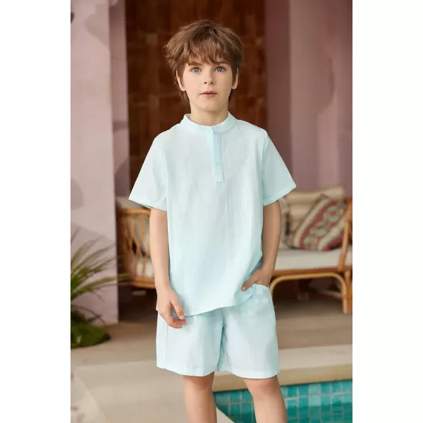 Arshiner Boy's 2 Pieces Cotton Linen Set Casual Henley Shirts Short Sleeve Beach Shorts Summer Outfits for 5-12 Years Kids