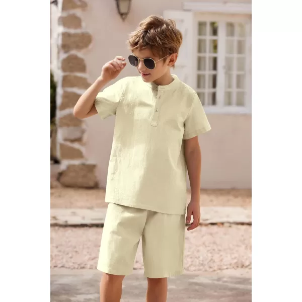 Arshiner Boy's 2 Pieces Cotton Linen Set Casual Henley Shirts Short Sleeve Beach Shorts Summer Outfits for 5-12 Years Kids