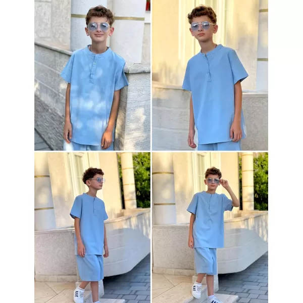Arshiner Boy's 2 Pieces Cotton Linen Set Casual Henley Shirts Short Sleeve Beach Shorts Summer Outfits for 5-12 Years Kids