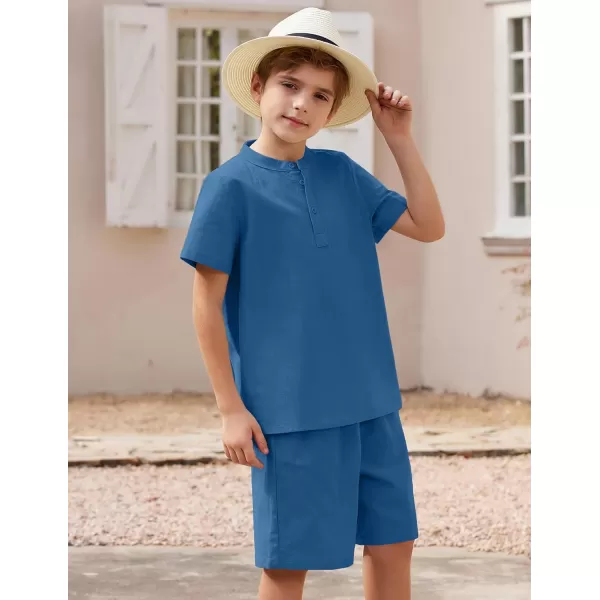 Arshiner Boy's 2 Pieces Cotton Linen Set Casual Henley Shirts Short Sleeve Beach Shorts Summer Outfits for 5-12 Years Kids