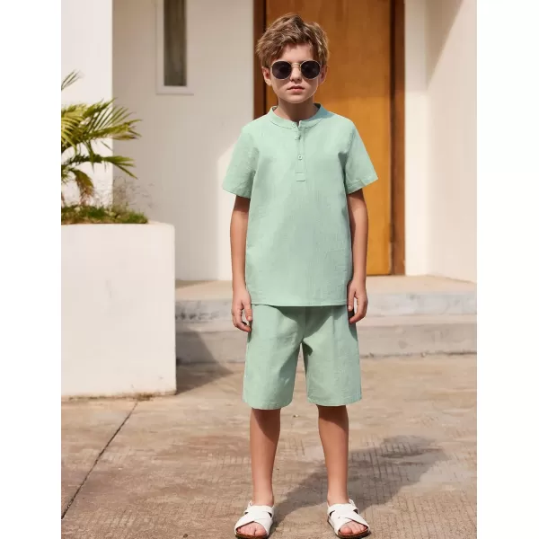 Arshiner Boy's 2 Pieces Cotton Linen Set Casual Henley Shirts Short Sleeve Beach Shorts Summer Outfits for 5-12 Years Kids