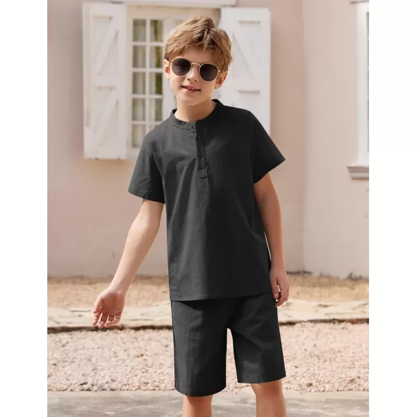 Arshiner Boy's 2 Pieces Cotton Linen Set Casual Henley Shirts Short Sleeve Beach Shorts Summer Outfits for 5-12 Years Kids