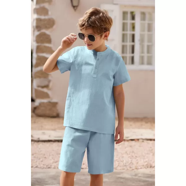Arshiner Boy's 2 Pieces Cotton Linen Set Casual Henley Shirts Short Sleeve Beach Shorts Summer Outfits for 5-12 Years Kids