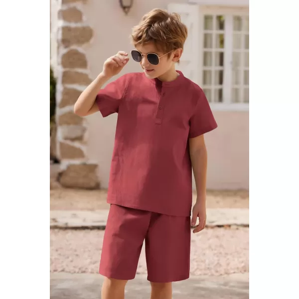Arshiner Boy's 2 Pieces Cotton Linen Set Casual Henley Shirts Short Sleeve Beach Shorts Summer Outfits for 5-12 Years Kids