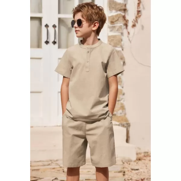 Arshiner Boy's 2 Pieces Cotton Linen Set Casual Henley Shirts Short Sleeve Beach Shorts Summer Outfits for 5-12 Years Kids