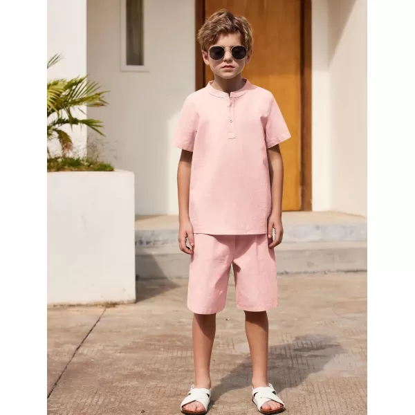 Arshiner Boy's 2 Pieces Cotton Linen Set Casual Henley Shirts Short Sleeve Beach Shorts Summer Outfits for 5-12 Years Kids