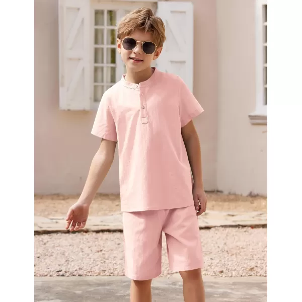 Arshiner Boy's 2 Pieces Cotton Linen Set Casual Henley Shirts Short Sleeve Beach Shorts Summer Outfits for 5-12 Years Kids