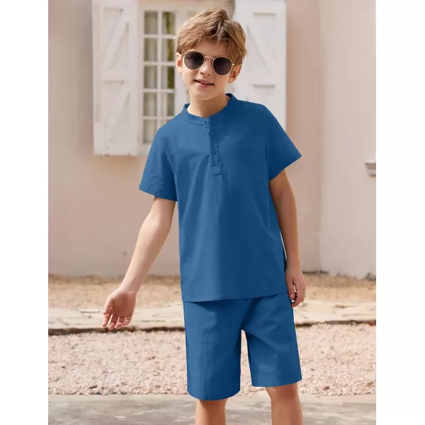 Arshiner Boy's 2 Pieces Cotton Linen Set Casual Henley Shirts Short Sleeve Beach Shorts Summer Outfits for 5-12 Years Kids
