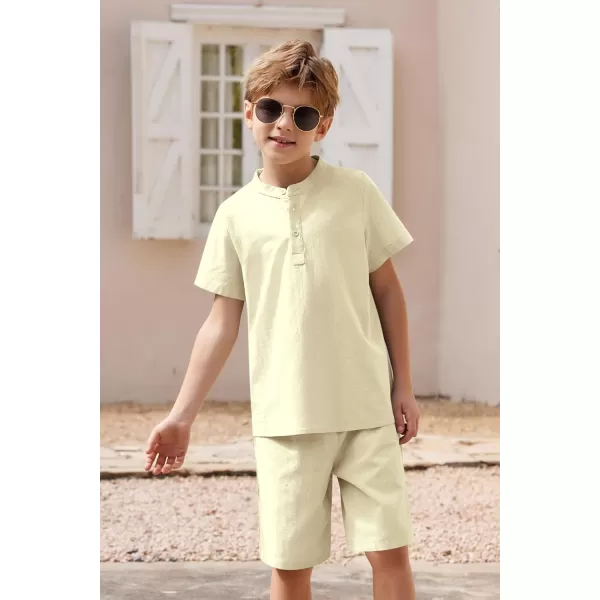 Arshiner Boy's 2 Pieces Cotton Linen Set Casual Henley Shirts Short Sleeve Beach Shorts Summer Outfits for 5-12 Years Kids