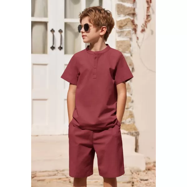 Arshiner Boy's 2 Pieces Cotton Linen Set Casual Henley Shirts Short Sleeve Beach Shorts Summer Outfits for 5-12 Years Kids