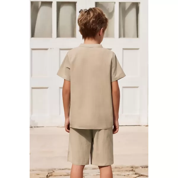Arshiner Boy's 2 Pieces Cotton Linen Set Casual Henley Shirts Short Sleeve Beach Shorts Summer Outfits for 5-12 Years Kids