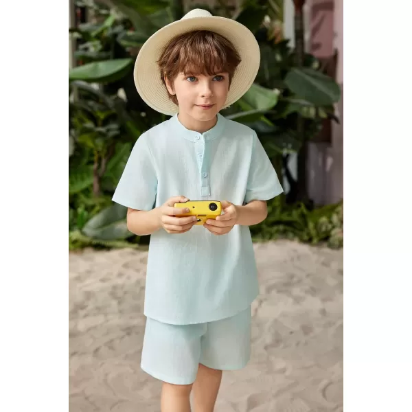 Arshiner Boy's 2 Pieces Cotton Linen Set Casual Henley Shirts Short Sleeve Beach Shorts Summer Outfits for 5-12 Years Kids