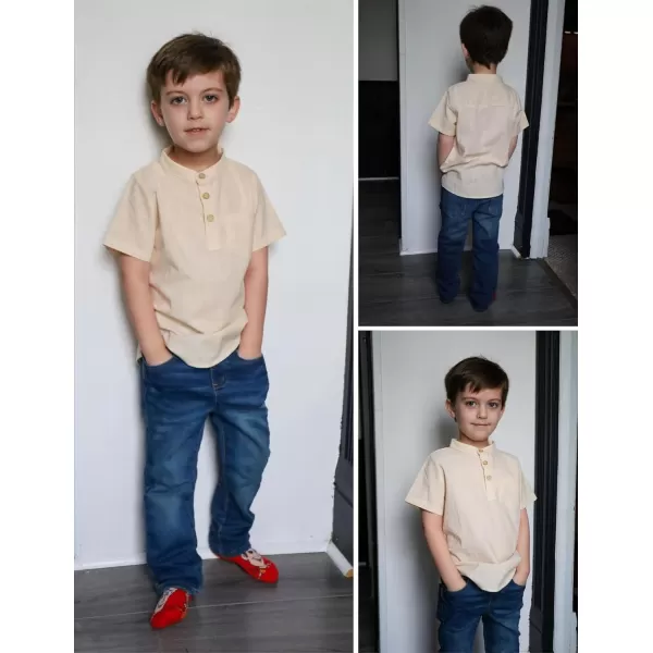 Arshiner Boys Linen Shirt Button Down Henley Short Sleeve Casual Dress Summer Beach T Shirts Top with One Pocket