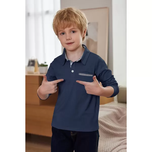 Arshiner Boy's Long Sleeve Plaid Trim Polo Shirt with Pocket for 4-12 Years