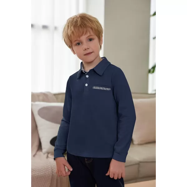 Arshiner Boy's Long Sleeve Plaid Trim Polo Shirt with Pocket for 4-12 Years
