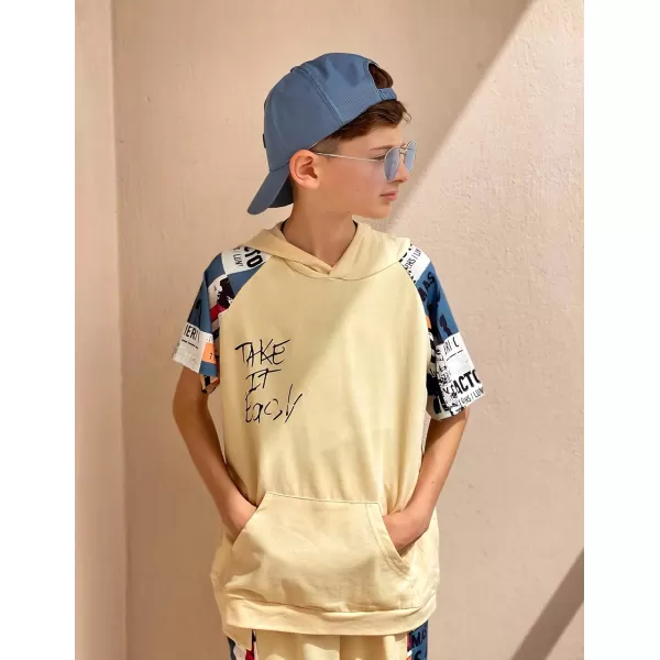 Arshiner Boys Summer Outfits Letter Graphic Short Sleeve Pullover Hooded T-shirt and Shorts Set