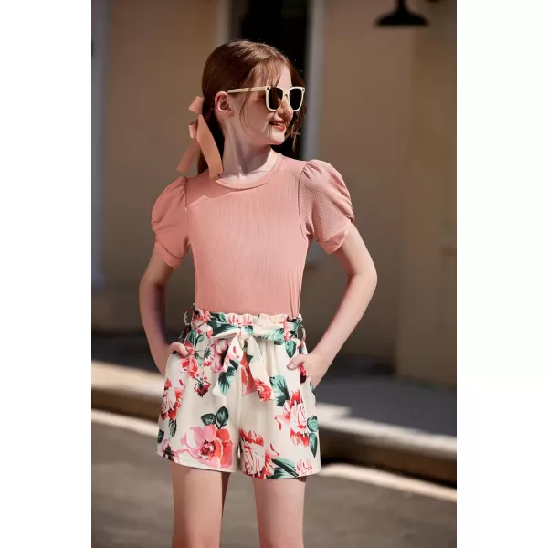 Arshiner Girls 2 Piece Summer Outfits Knit Twist Puff Sleeve Top and High Waist Paper Bag Shorts Set with Pockets