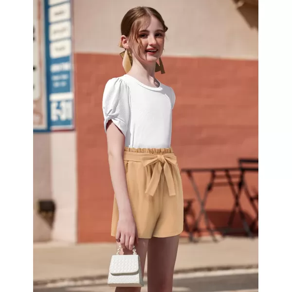 Arshiner Girls 2 Piece Summer Outfits Knit Twist Puff Sleeve Top and High Waist Paper Bag Shorts Set with Pockets