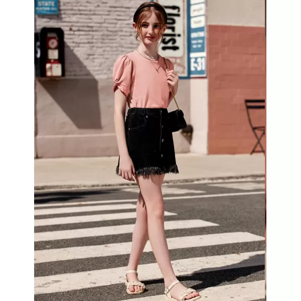Arshiner Girls 2 Piece Summer Outfits Knit Twist Puff Sleeve Top and High Waist Paper Bag Shorts Set with Pockets