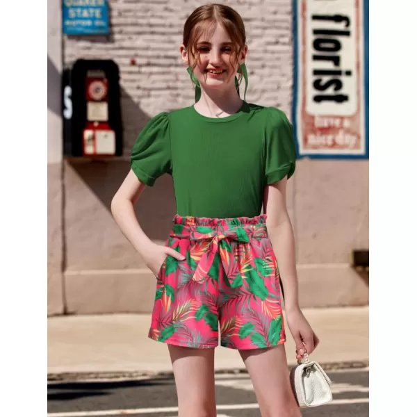 Arshiner Girls 2 Piece Summer Outfits Knit Twist Puff Sleeve Top and High Waist Paper Bag Shorts Set with Pockets