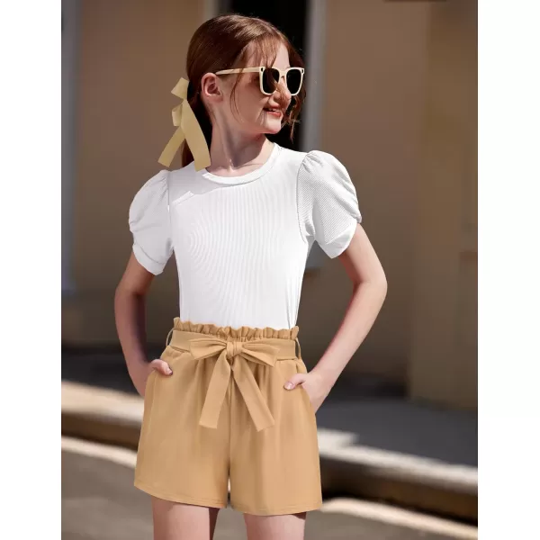 Arshiner Girls 2 Piece Summer Outfits Knit Twist Puff Sleeve Top and High Waist Paper Bag Shorts Set with Pockets