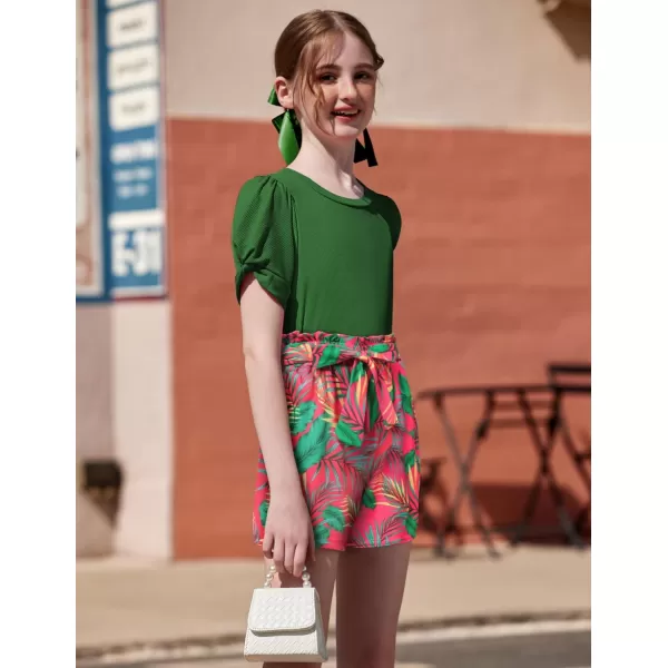 Arshiner Girls 2 Piece Summer Outfits Knit Twist Puff Sleeve Top and High Waist Paper Bag Shorts Set with Pockets