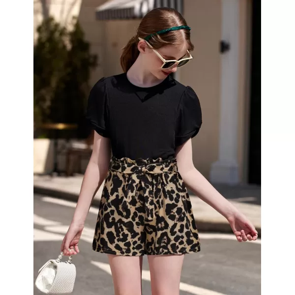 Arshiner Girls 2 Piece Summer Outfits Knit Twist Puff Sleeve Top and High Waist Paper Bag Shorts Set with Pockets