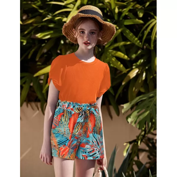 Arshiner Girls 2 Piece Summer Outfits Knit Twist Puff Sleeve Top and High Waist Paper Bag Shorts Set with Pockets