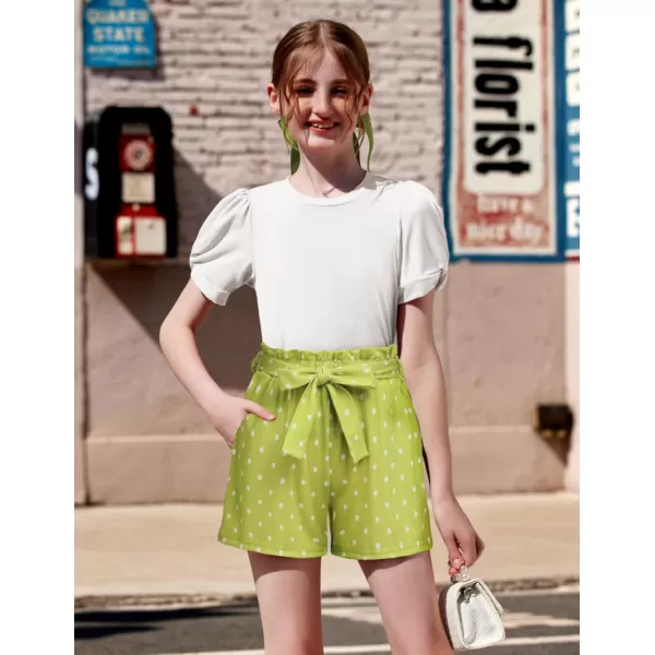 Arshiner Girls 2 Piece Summer Outfits Knit Twist Puff Sleeve Top and High Waist Paper Bag Shorts Set with Pockets