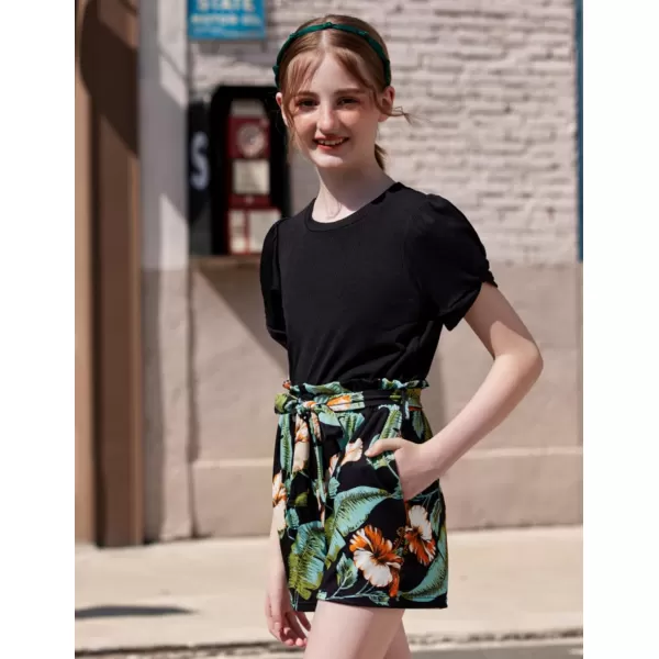 Arshiner Girls 2 Piece Summer Outfits Knit Twist Puff Sleeve Top and High Waist Paper Bag Shorts Set with Pockets