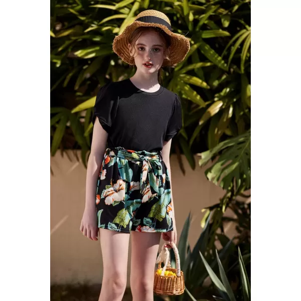 Arshiner Girls 2 Piece Summer Outfits Knit Twist Puff Sleeve Top and High Waist Paper Bag Shorts Set with Pockets
