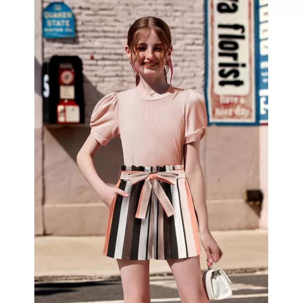 Arshiner Girls 2 Piece Summer Outfits Knit Twist Puff Sleeve Top and High Waist Paper Bag Shorts Set with Pockets