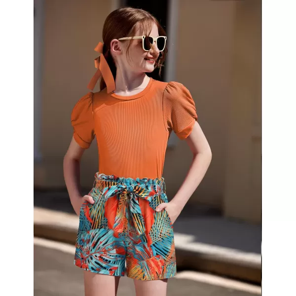 Arshiner Girls 2 Piece Summer Outfits Knit Twist Puff Sleeve Top and High Waist Paper Bag Shorts Set with Pockets