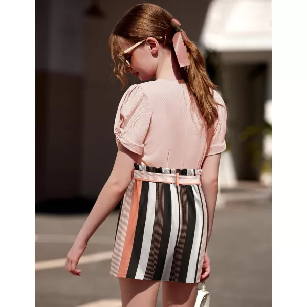 Arshiner Girls 2 Piece Summer Outfits Knit Twist Puff Sleeve Top and High Waist Paper Bag Shorts Set with Pockets