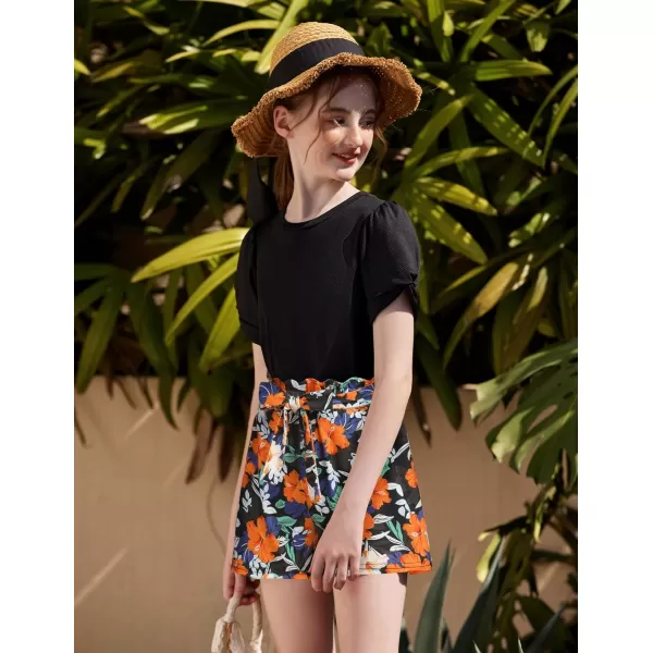 Arshiner Girls 2 Piece Summer Outfits Knit Twist Puff Sleeve Top and High Waist Paper Bag Shorts Set with Pockets
