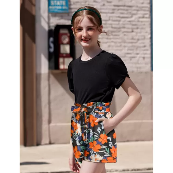 Arshiner Girls 2 Piece Summer Outfits Knit Twist Puff Sleeve Top and High Waist Paper Bag Shorts Set with Pockets