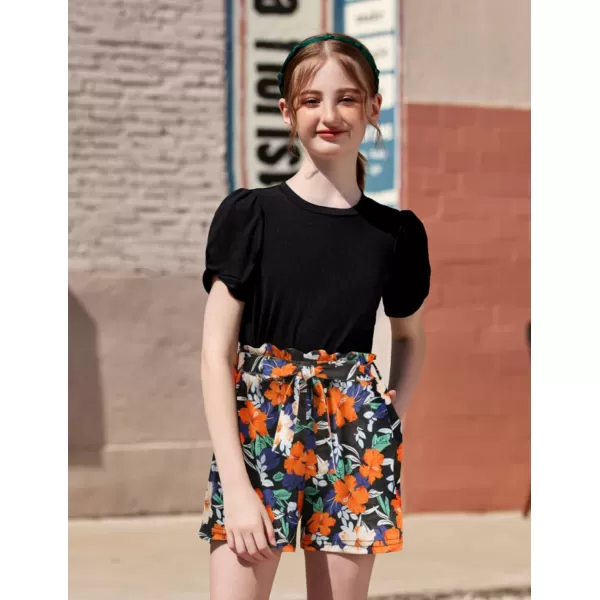 Arshiner Girls 2 Piece Summer Outfits Knit Twist Puff Sleeve Top and High Waist Paper Bag Shorts Set with Pockets