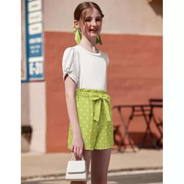 Arshiner Girls 2 Piece Summer Outfits Knit Twist Puff Sleeve Top and High Waist Paper Bag Shorts Set with Pockets