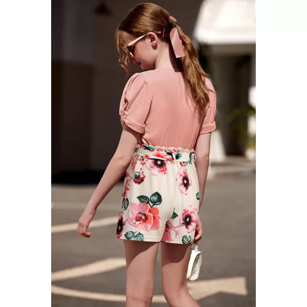 Arshiner Girls 2 Piece Summer Outfits Knit Twist Puff Sleeve Top and High Waist Paper Bag Shorts Set with Pockets