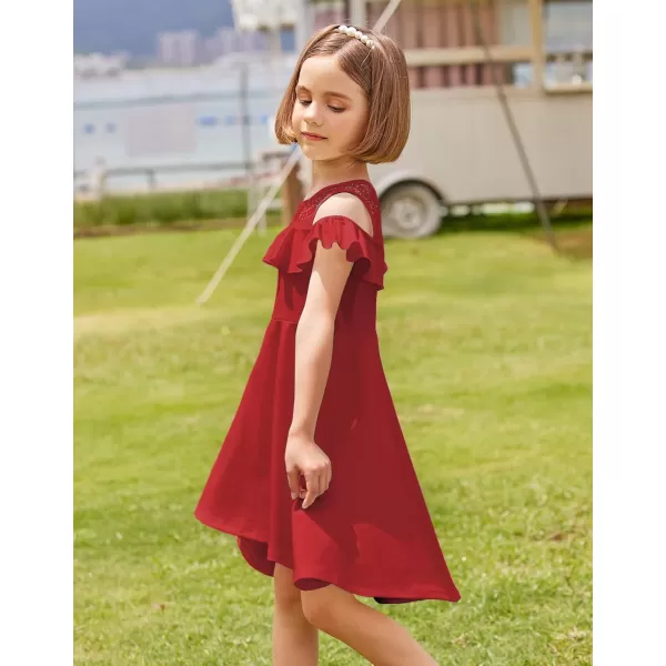 Arshiner Girls Cold Shoulder Ruffle Trim A-lined Lace Party Dress for kids 5-12 Year