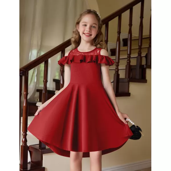 Arshiner Girls Cold Shoulder Ruffle Trim A-lined Lace Party Dress for kids 5-12 Year
