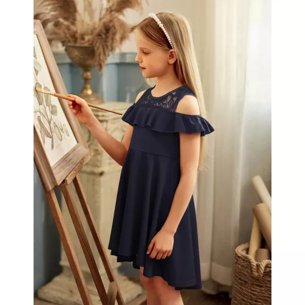 Arshiner Girls Cold Shoulder Ruffle Trim A-lined Lace Party Dress for kids 5-12 Year