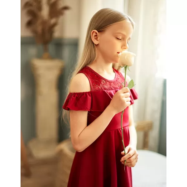 Arshiner Girls Cold Shoulder Ruffle Trim A-lined Lace Party Dress for kids 5-12 Year