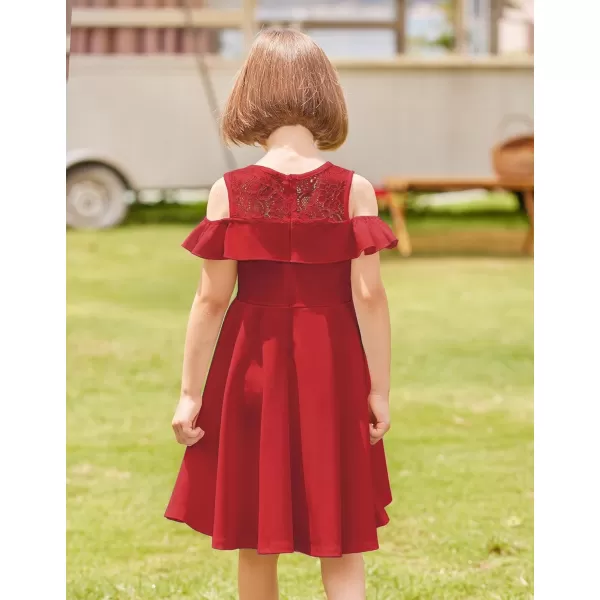 Arshiner Girls Cold Shoulder Ruffle Trim A-lined Lace Party Dress for kids 5-12 Year