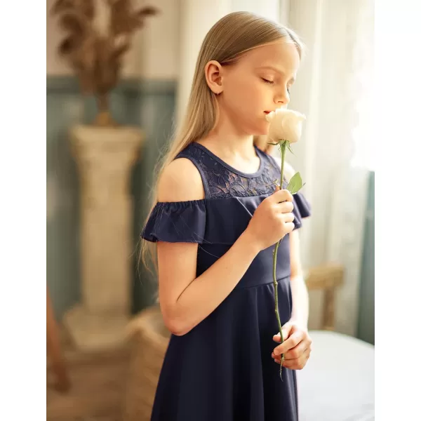 Arshiner Girls Cold Shoulder Ruffle Trim A-lined Lace Party Dress for kids 5-12 Year