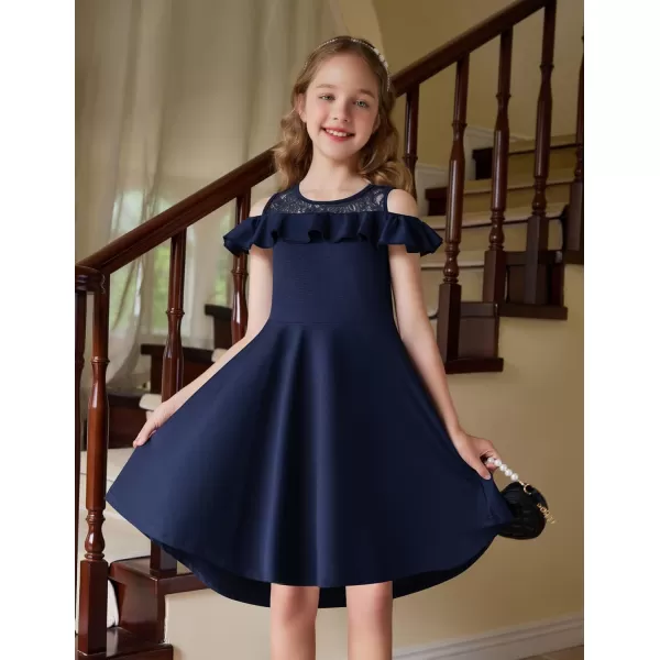 Arshiner Girls Cold Shoulder Ruffle Trim A-lined Lace Party Dress for kids 5-12 Year